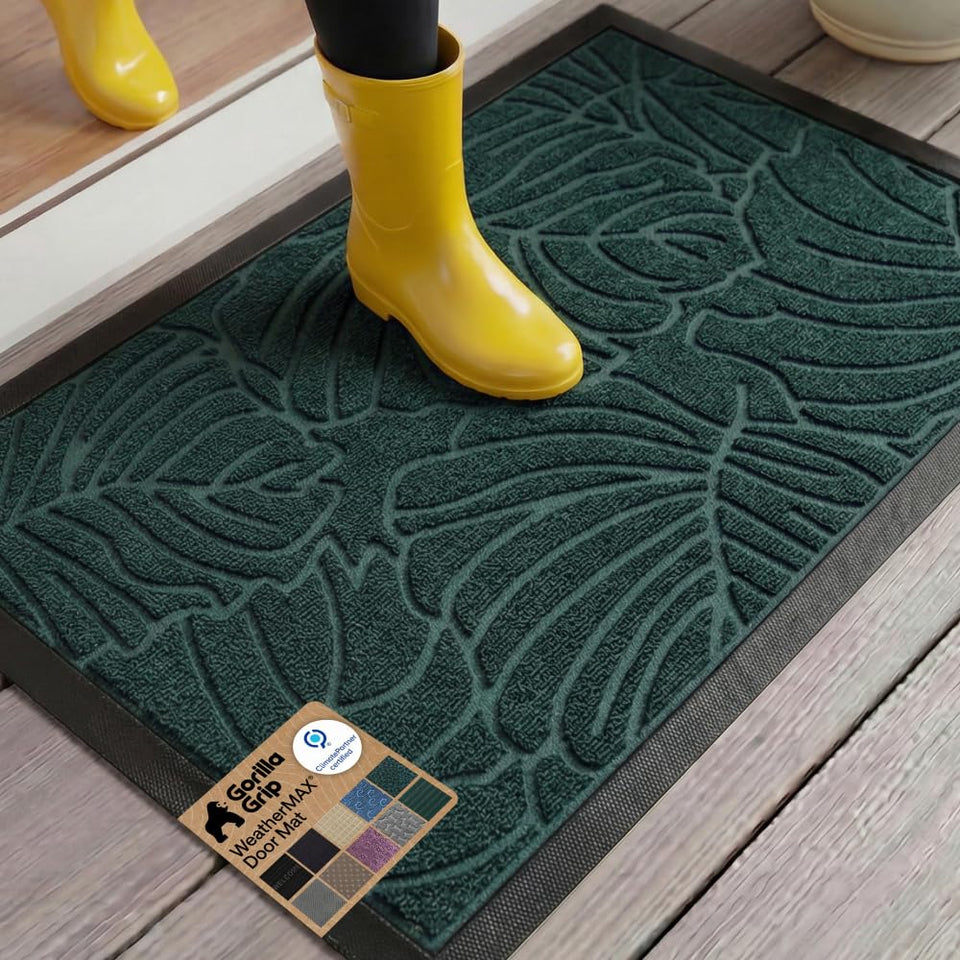 Gorilla Grip WeatherMAX Green Palm front door doormat keeps dirt outside.