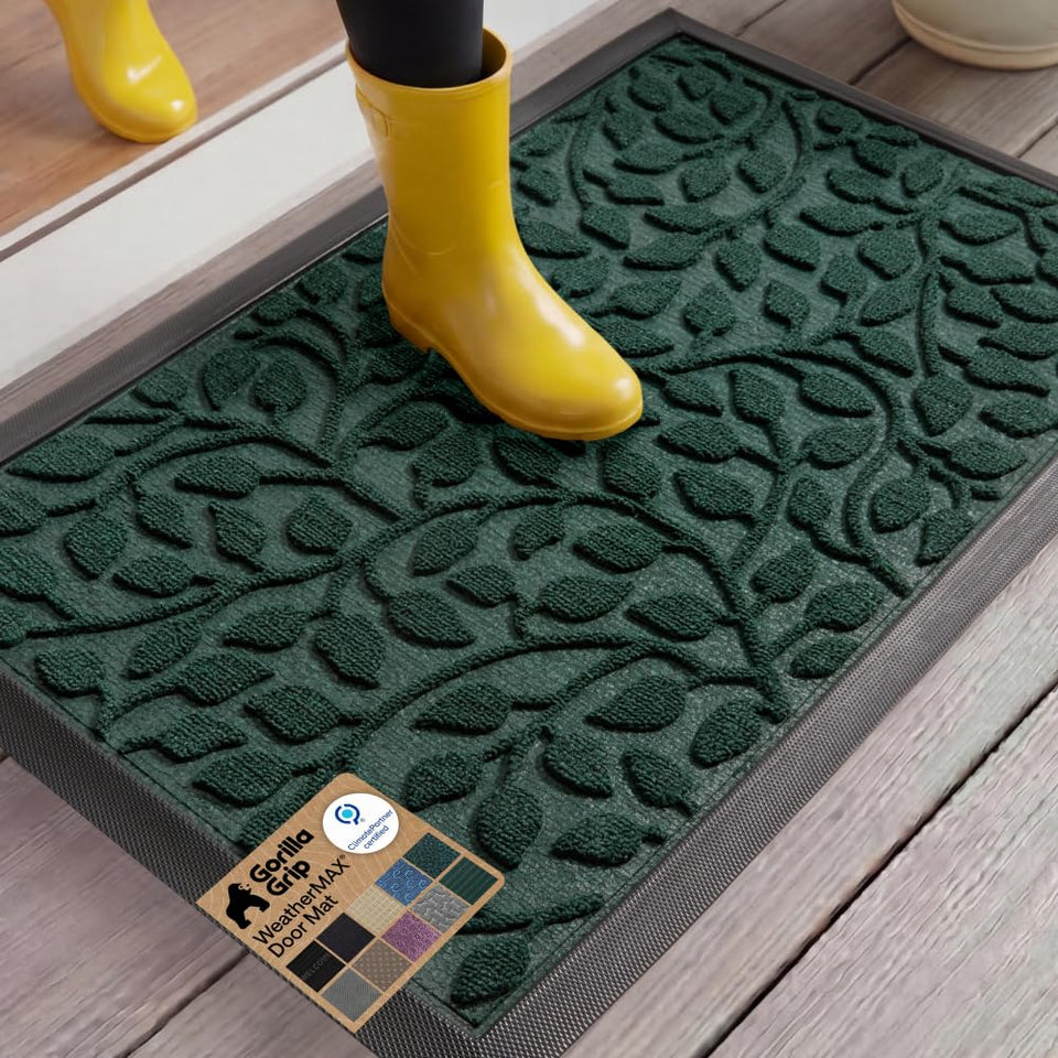 GORILLA GRIP WeatherMAX doormat with moss leaves pattern traps dirt at the doorstep.