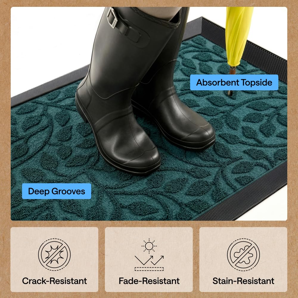 Stain-resistant topside helps preserve color on WeatherMAX Moss Vine Leaves mat.