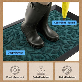 Stain-resistant topside helps preserve color on WeatherMAX Moss Vine Leaves mat.