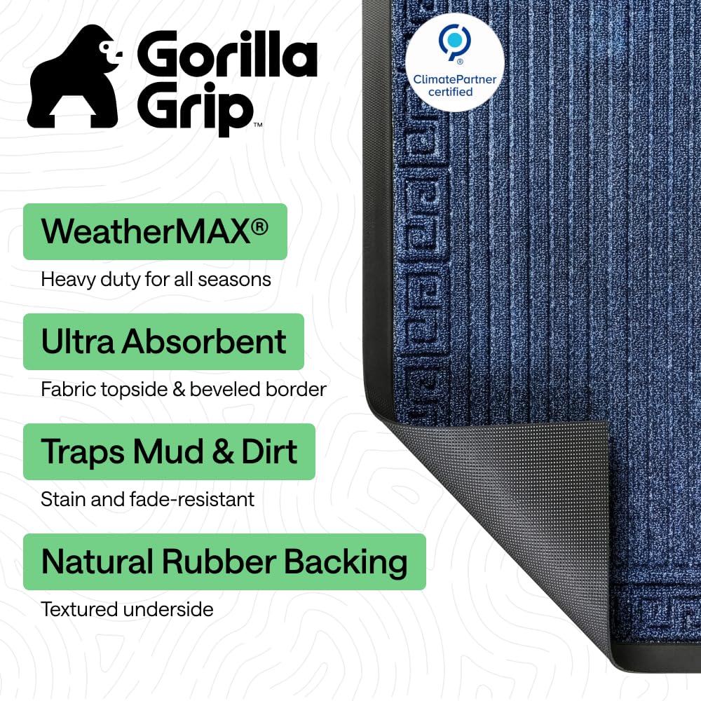 WeatherMax navy doormat with beveled border for smooth door clearance.