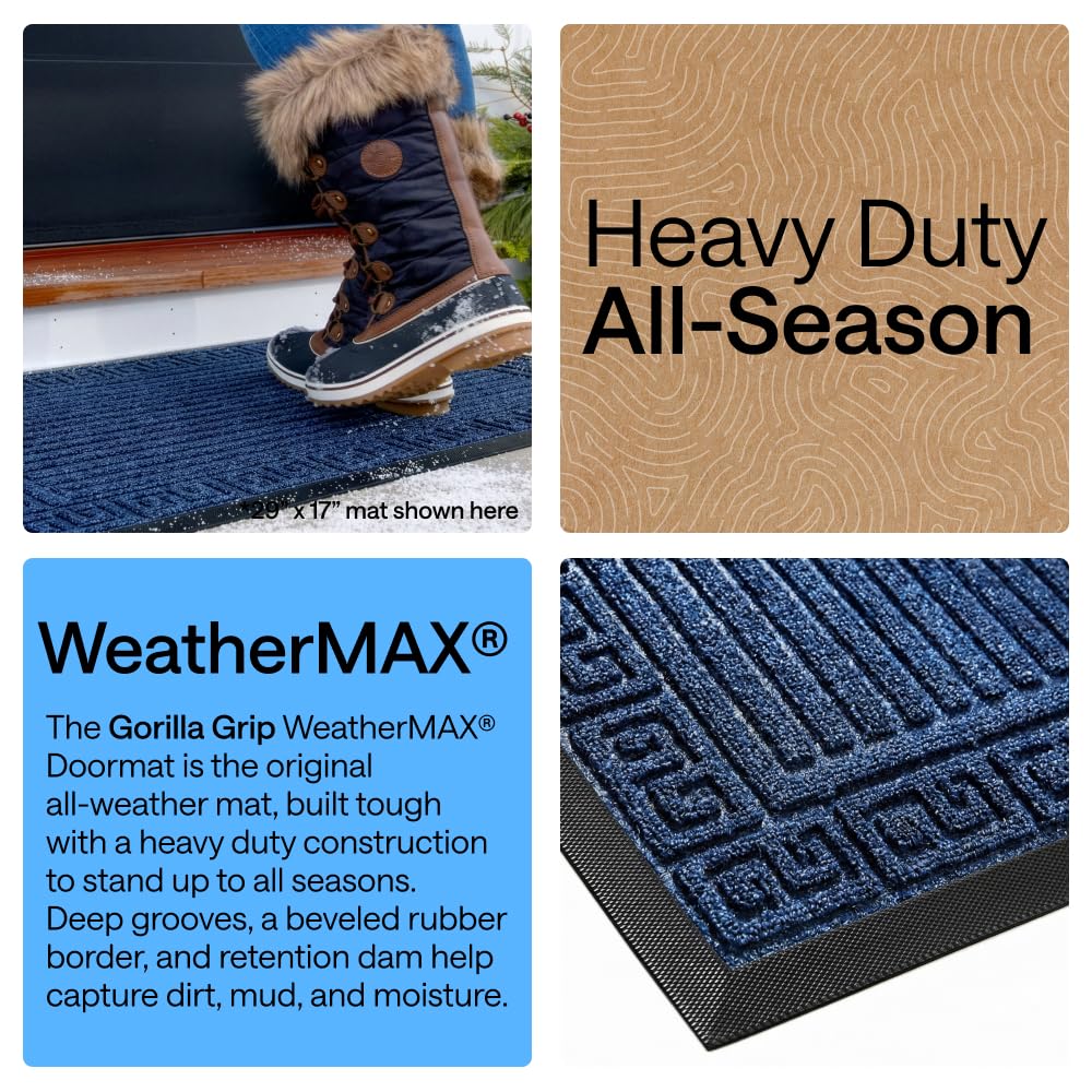 Navy WeatherMax doormat shows deep grooves capturing mud and moisture.