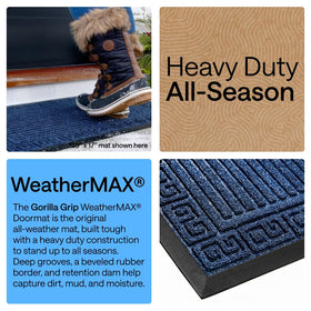Navy WeatherMax doormat shows deep grooves capturing mud and moisture.