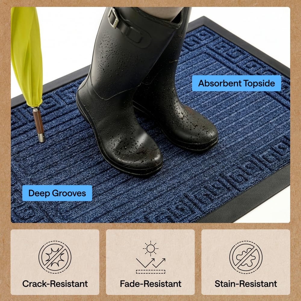 Navy WeatherMax doormat features natural rubber backing for durability.
