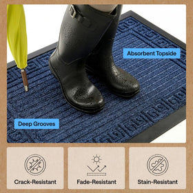 Navy WeatherMax doormat features natural rubber backing for durability.
