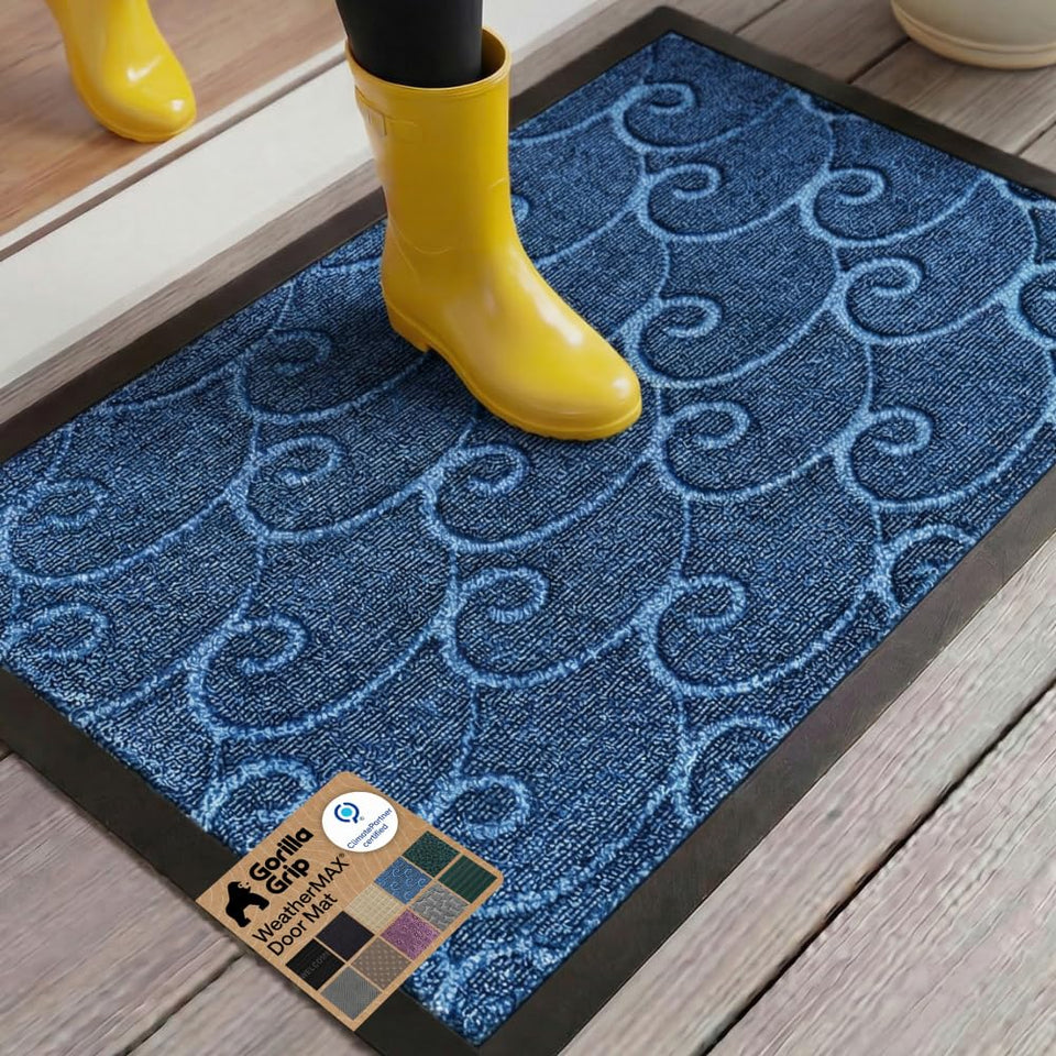 Gorilla Grip WeatherMAX doormat in ocean blue waves protects entryways.