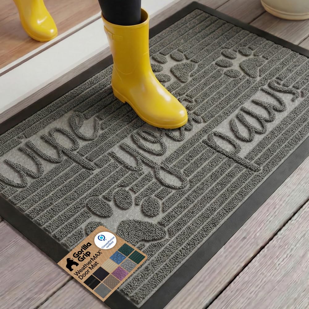 Gorilla Grip WeatherMAX Stone Paws doormat shown at an entryway, durable and stylish.