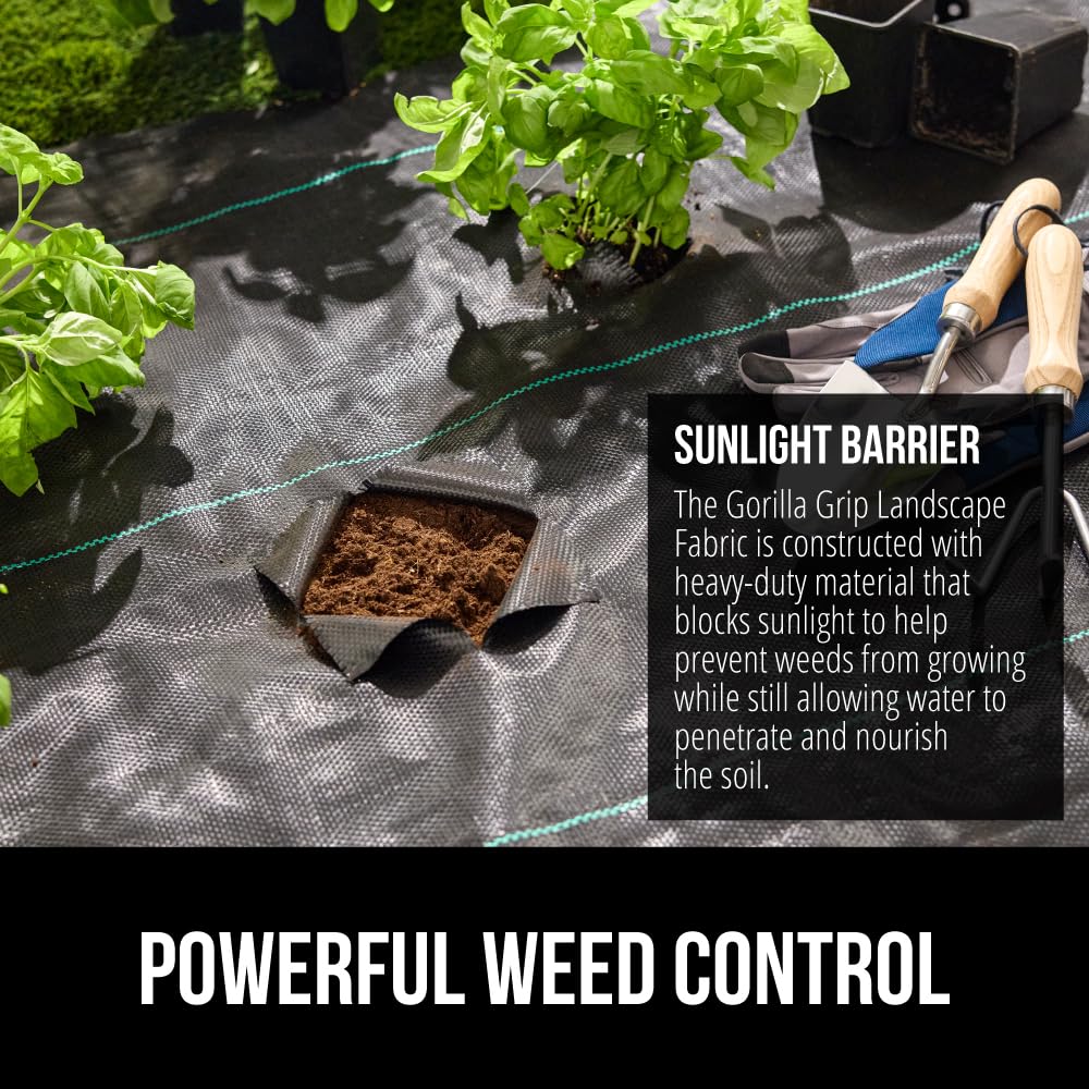 GORILLA GRIP barrier under mulch showing permeability and moisture passage.