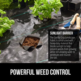 GORILLA GRIP barrier under mulch showing permeability and moisture passage.