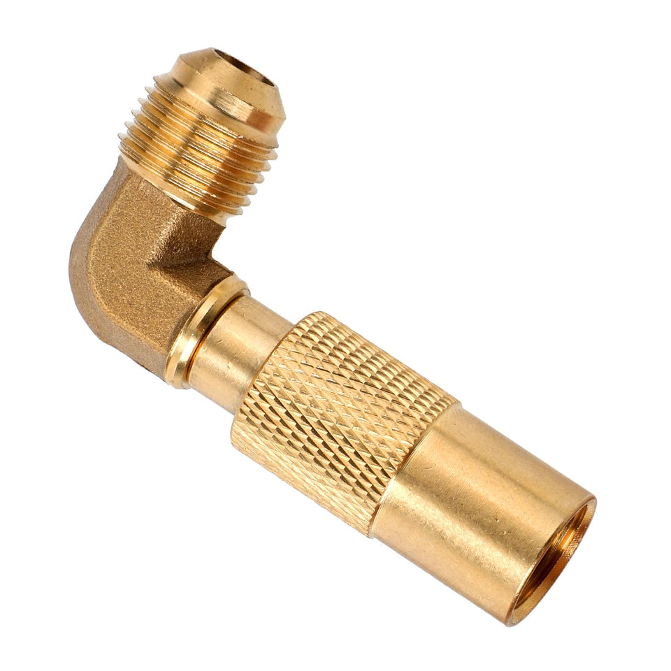 Gosknor brass elbow adapter side view highlights sturdy outdoor connection for grills