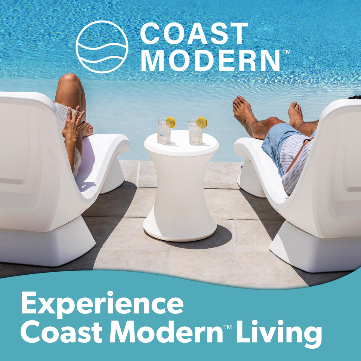 GoSports Coast Modern side table pairs with pool loungers for added convenience.