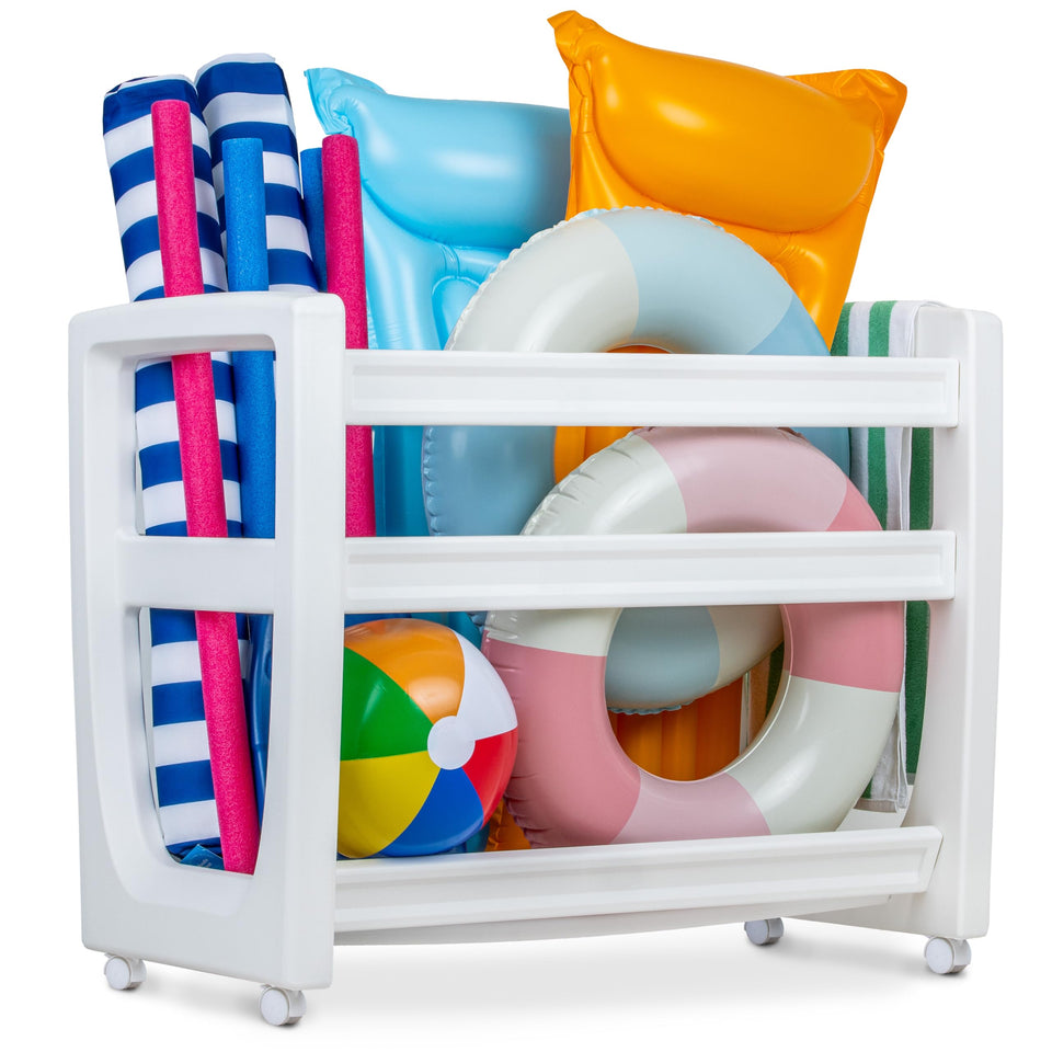 GoSports Coast Modern Storage Bin neatly organizes floats and toys by the pool.