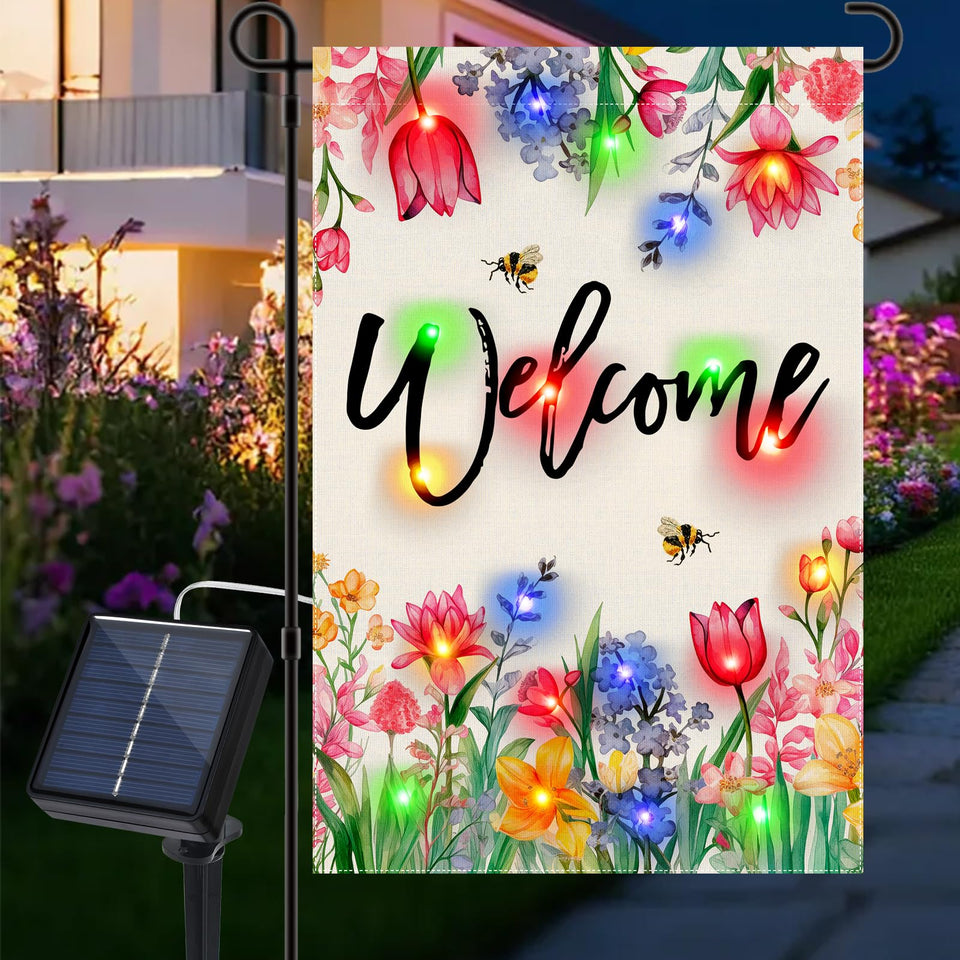 Gosuoa LED spring flag with tulips and bees glows to welcome outdoor spaces
