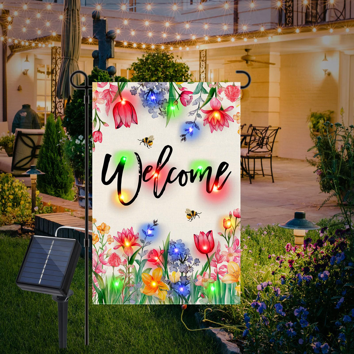 Gosuoa spring flag displaying Welcome script glow after dark
