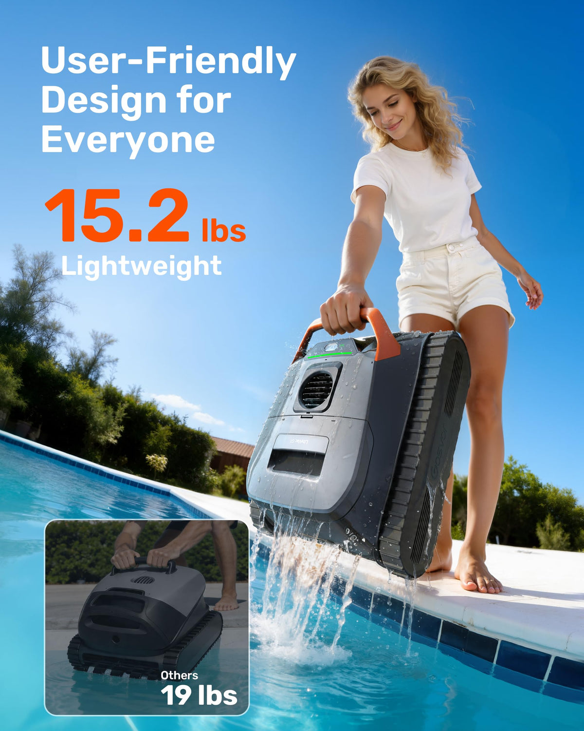 Gosvor LiteVac G1 caterpillar treads help it climb pool walls.