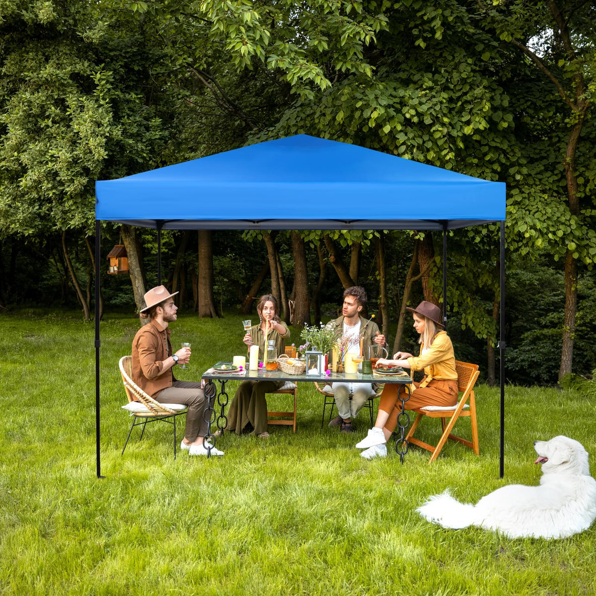 GOTRUTH blue canopy top folded for easy storage and portability.