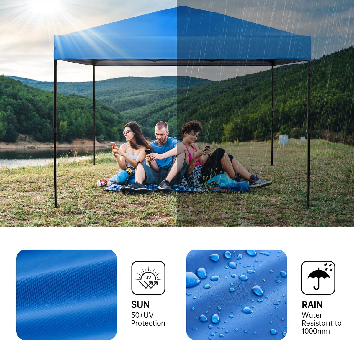 GOTRUTH blue canopy top wind rope attachment area for stability.