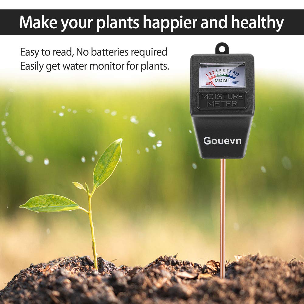 Gouevn moisture meter close-up dial indicating soil moisture levels.