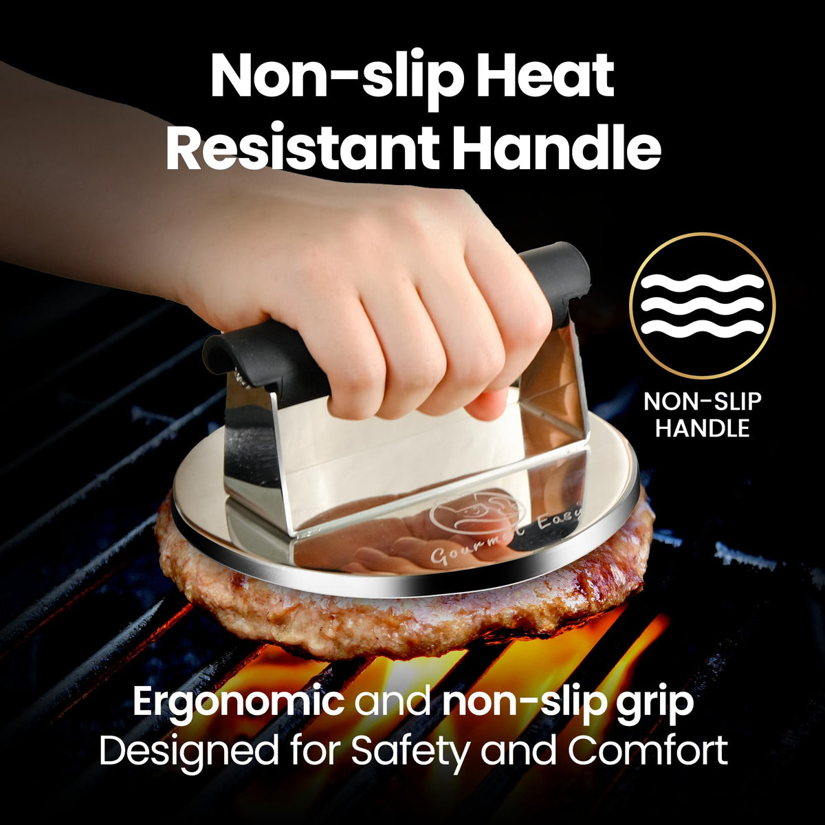 Gourmet Easy Smash Burger Press with heat-resistant handle for safe pressing