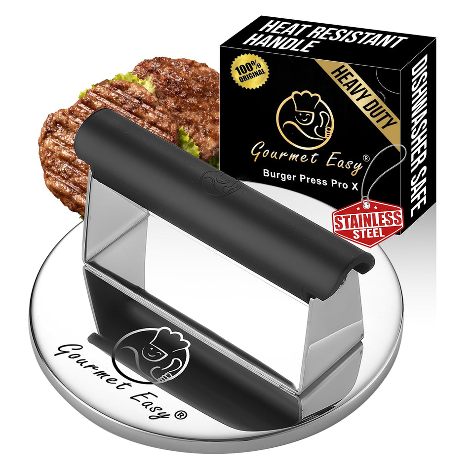 Gourmet Easy Smash Burger Press with stainless steel body for durable grilling