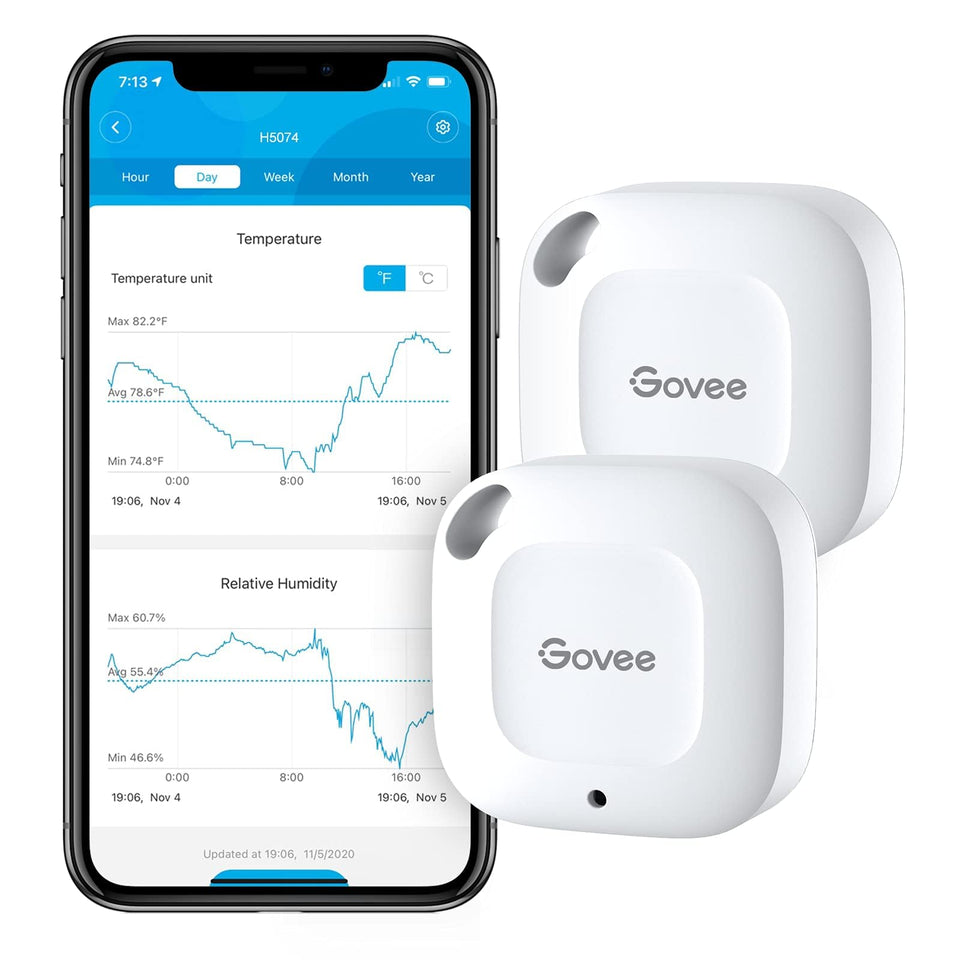 Govee hygrometer thermometer real-time readings for room monitoring.