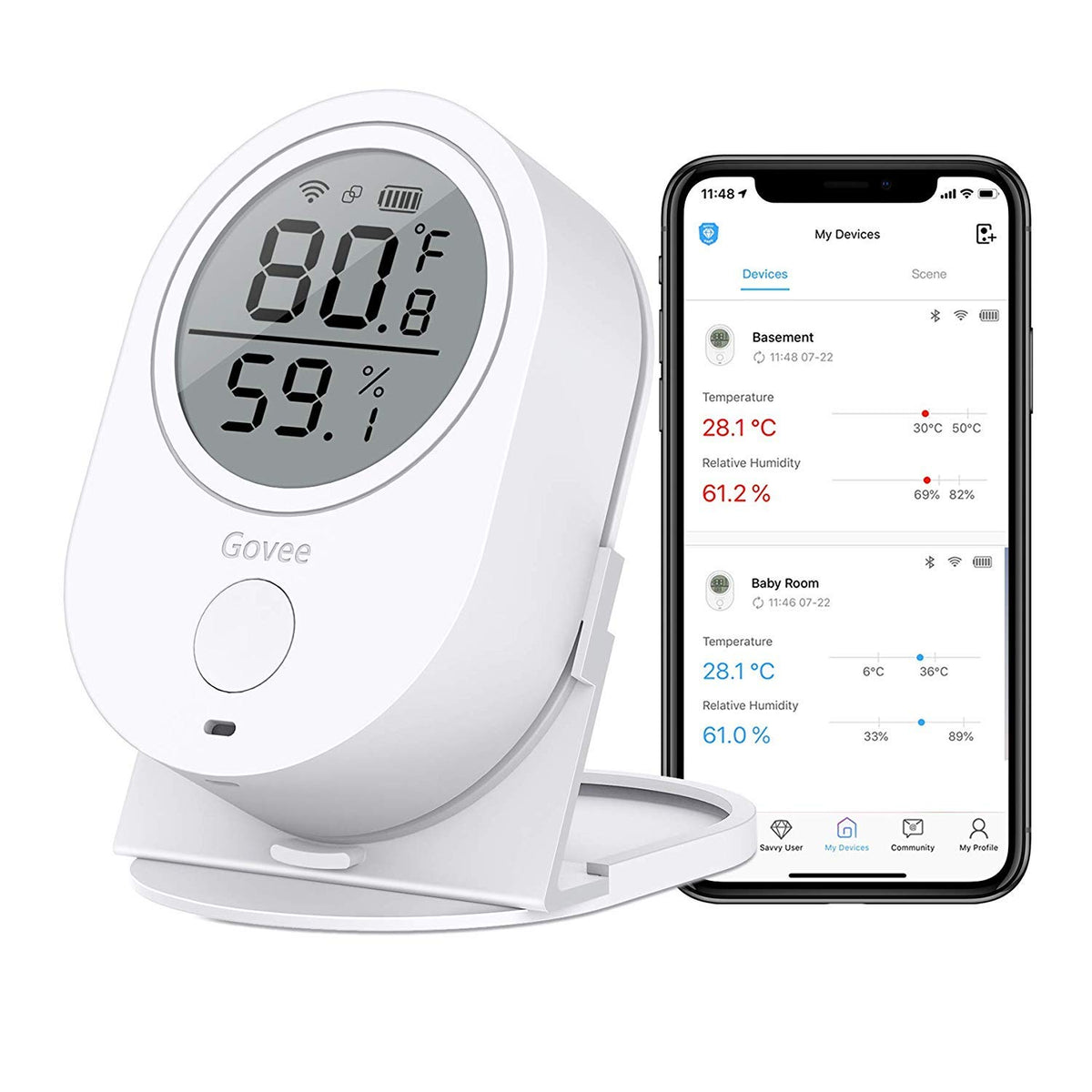 Govee H5051 front view with clear LCD display for quick readings.