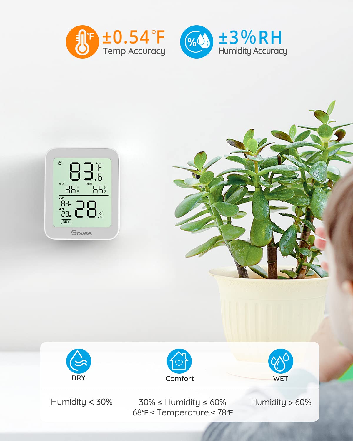Govee H5075 Bluetooth range up to 196ft enables timely alerts.