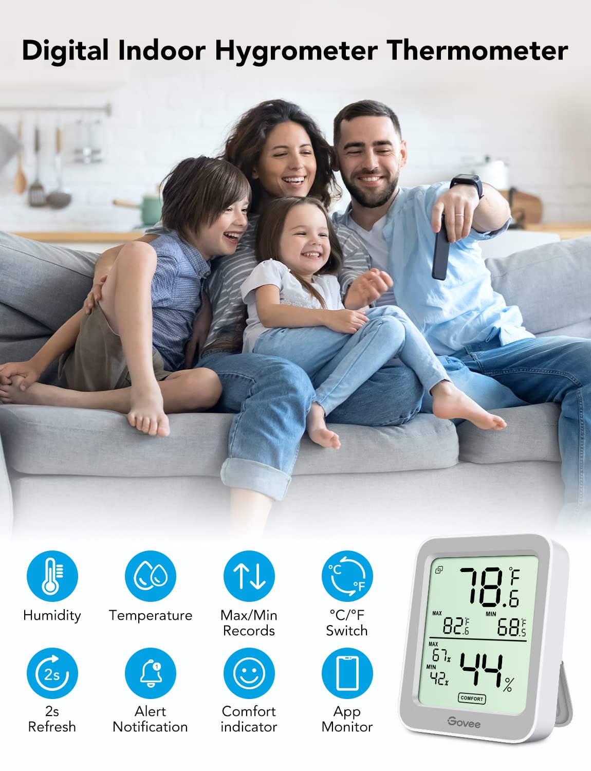 Govee H5075 shows Bluetooth range up to 196 ft for real-time alerts