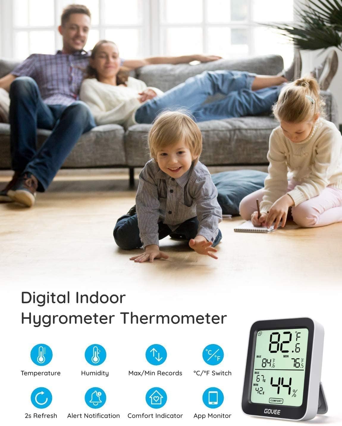 Govee H5075 164ft Bluetooth range enables remote monitoring from afar.
