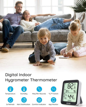 Govee H5075 164ft Bluetooth range enables remote monitoring from afar.
