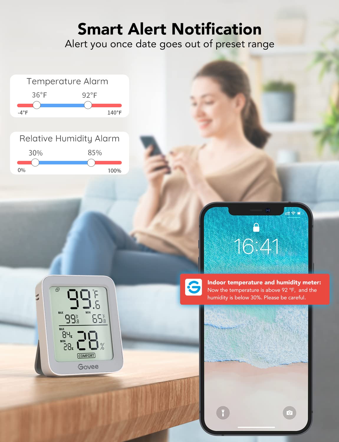 Govee H5075 comfort indicators display dry, comfortable, or wet conditions