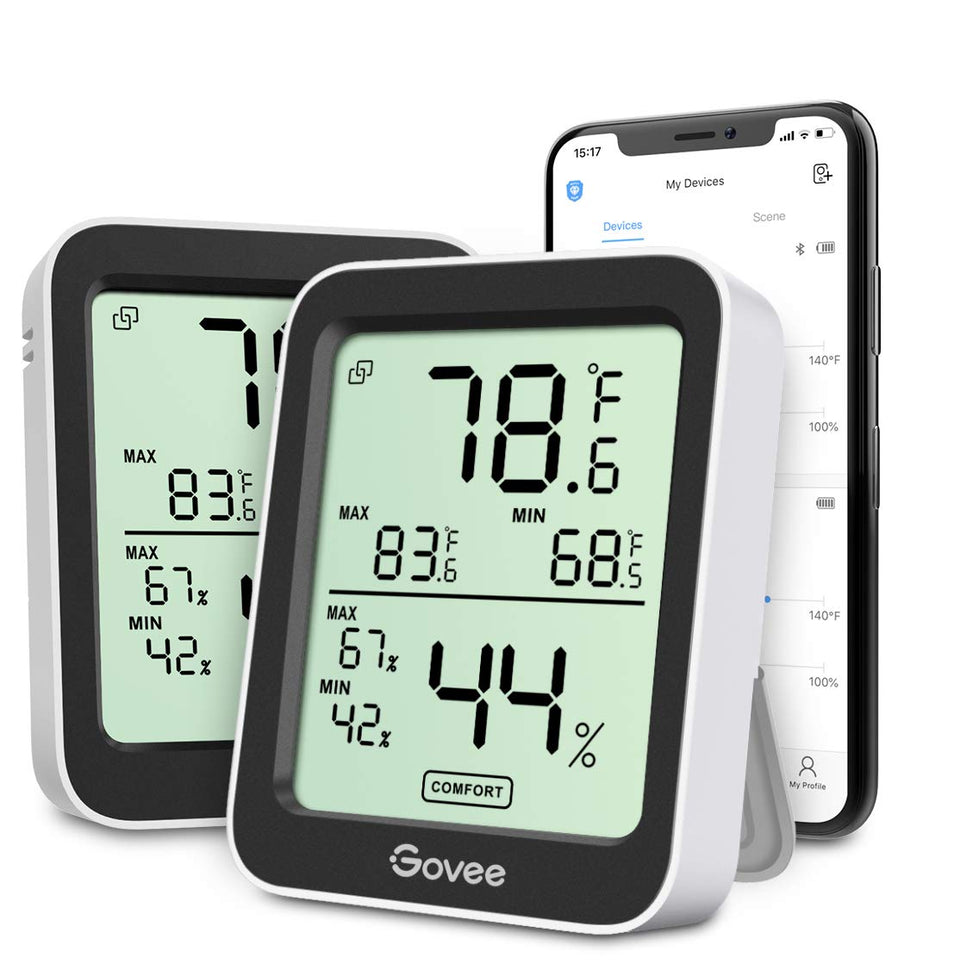 Govee H5075 hygrometer-thermometer front view with clear temperature reading.