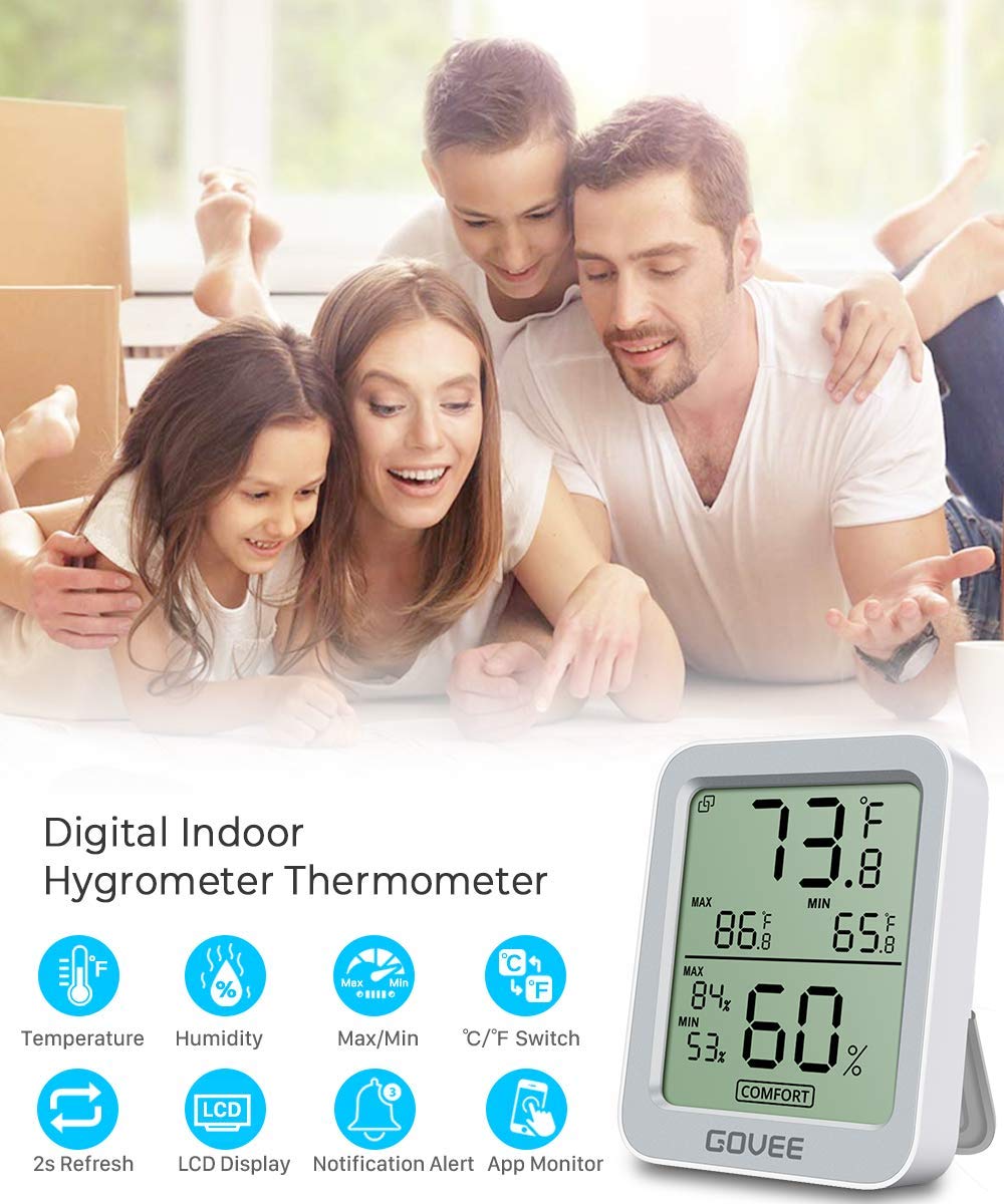Govee H5075 large LCD display provides clear temperature and humidity readings.
