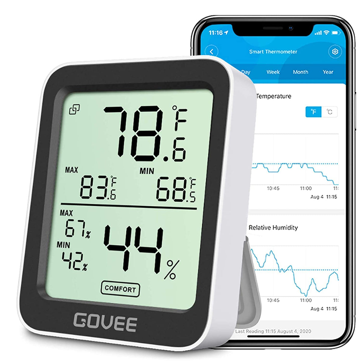 Govee H5075 LCD screen displays precise temperature and humidity at a glance.