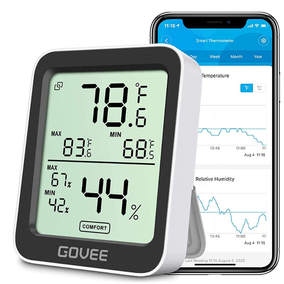 Govee H5075 LCD screen displays precise temperature and humidity at a glance.