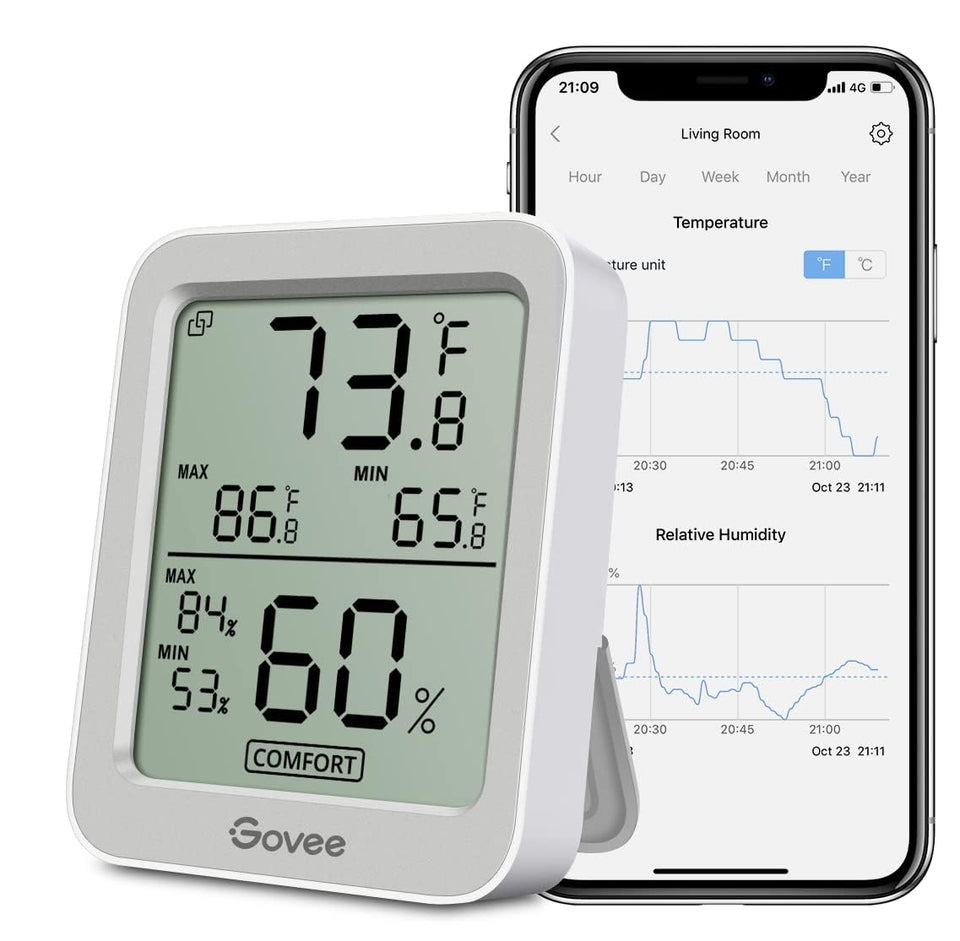Govee H5075 with remote app monitoring shows real-time readings and alerts.