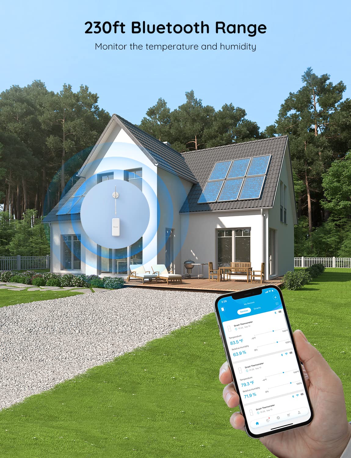 Govee H5100 indoor-outdoor monitoring for real time climate awareness.