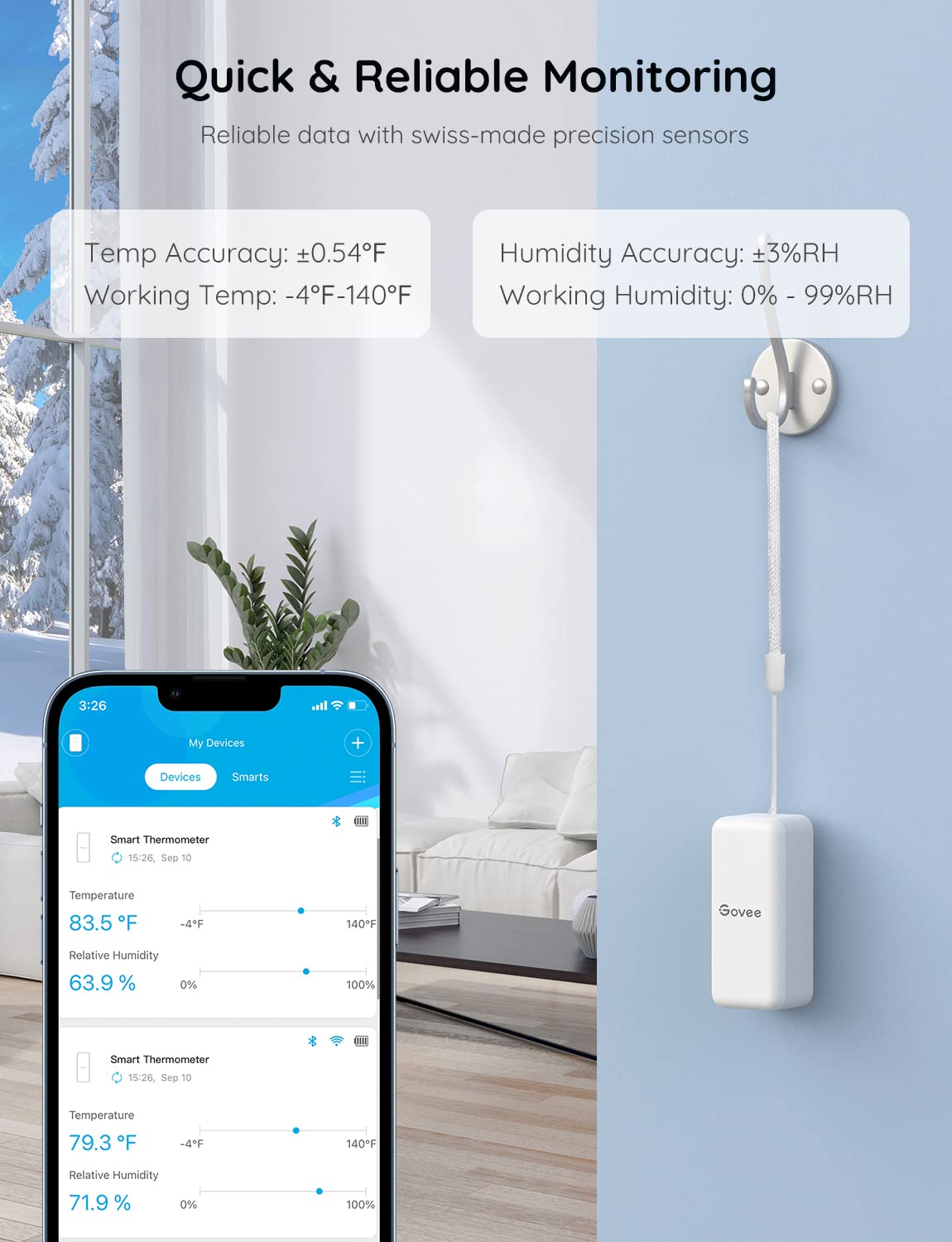 Govee H5100 wide range sensor with accurate temperature and humidity readings.