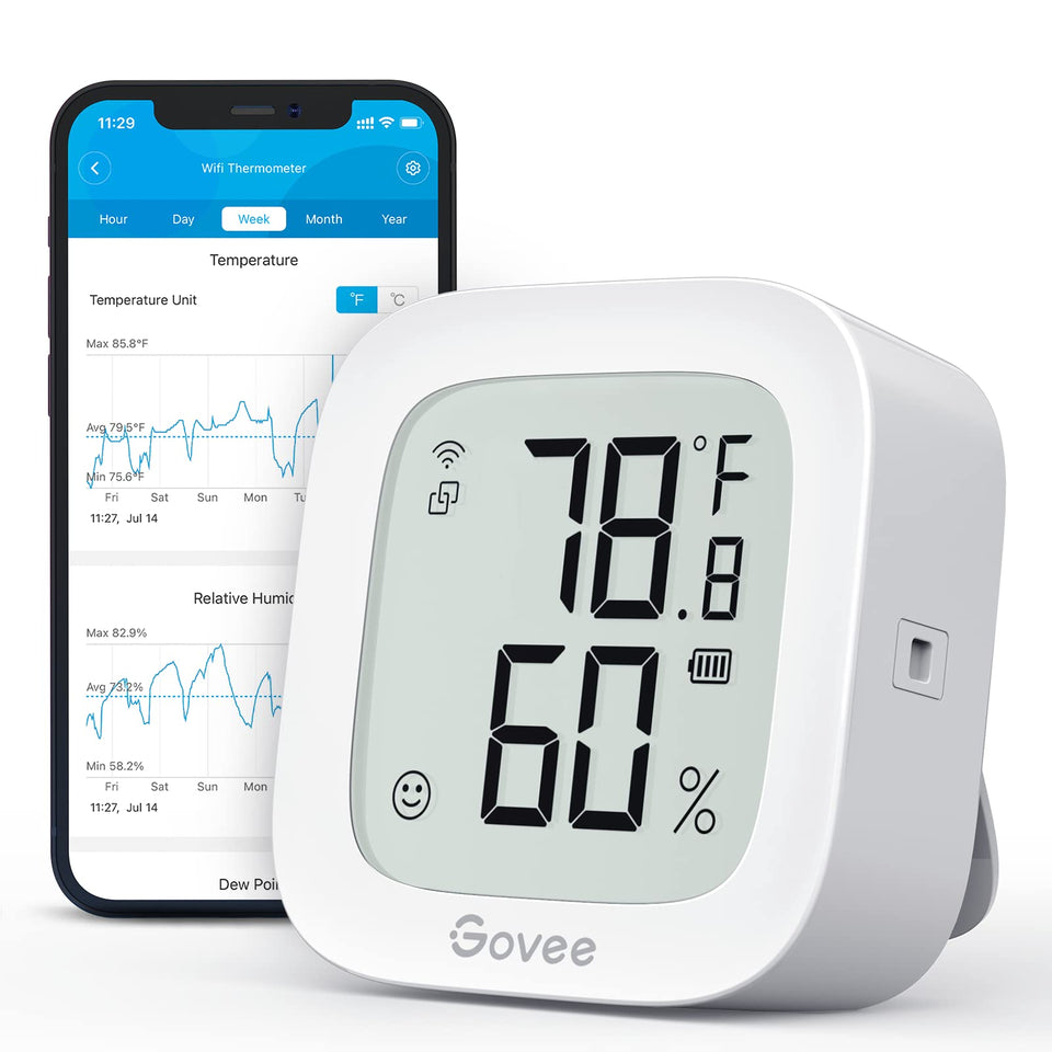 Govee H5103 indoor thermometer display shows real-time temperature and humidity for home comfort.