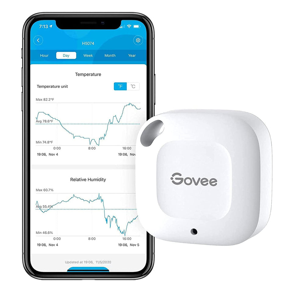 Govee hygrometer thermometer device front view shows a compact design for small spaces and easy placement.