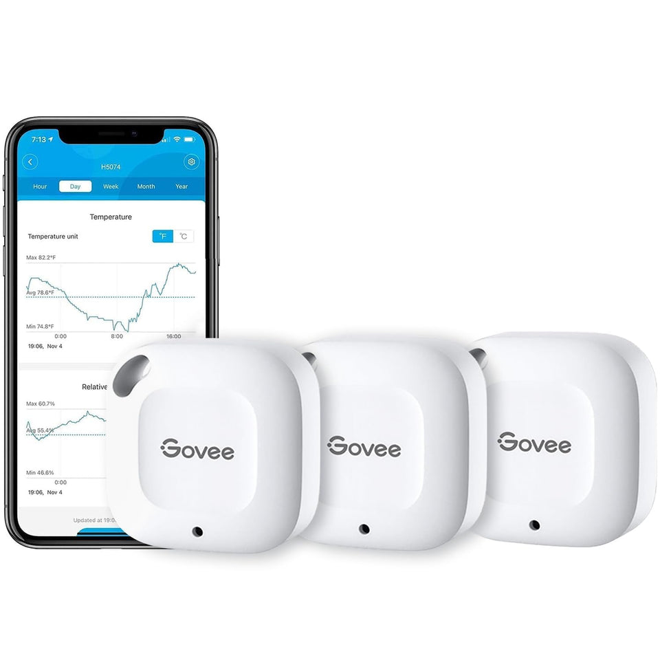 Govee hygrometer front view shows compact sensor for home monitoring