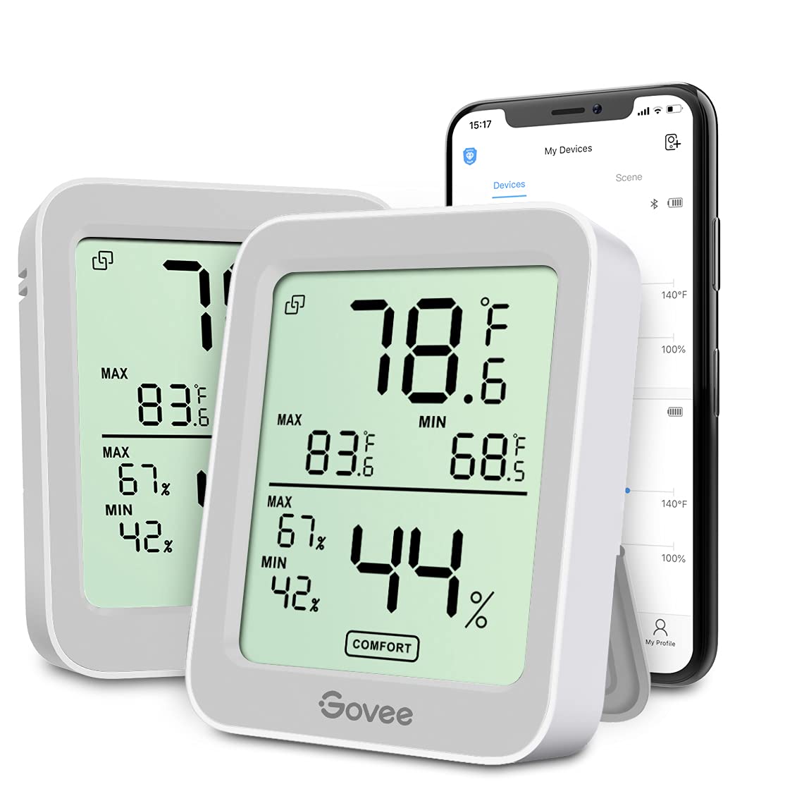 Govee H5075 indoor hygrometer with large LCD display for quick room monitoring.