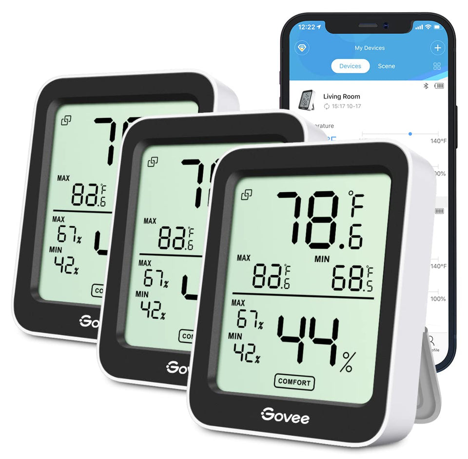 Govee indoor hygrometer with large LCD display shows current temperature and humidity at a glance.