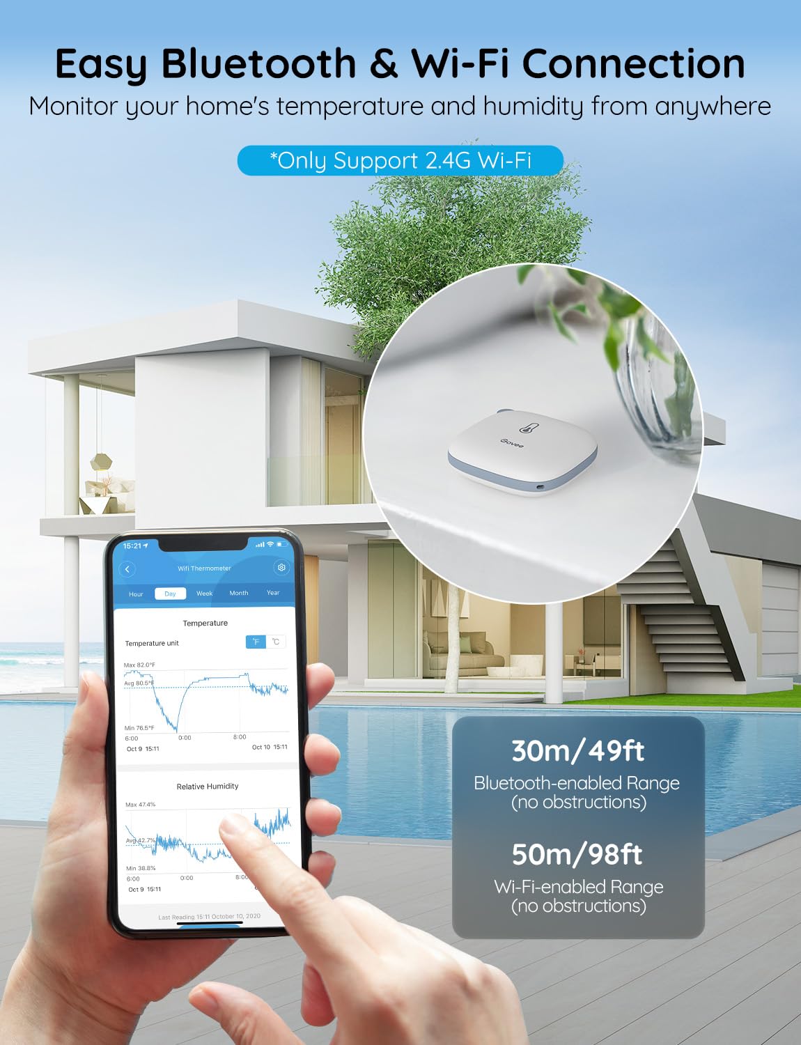 Govee device display and sensors highlight accurate climate monitoring in any room.