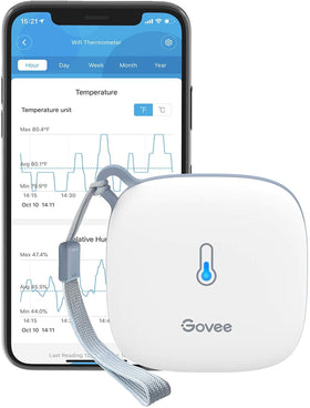 Govee Smart Thermometer Hygrometer front view showing real-time temperature and humidity readings.