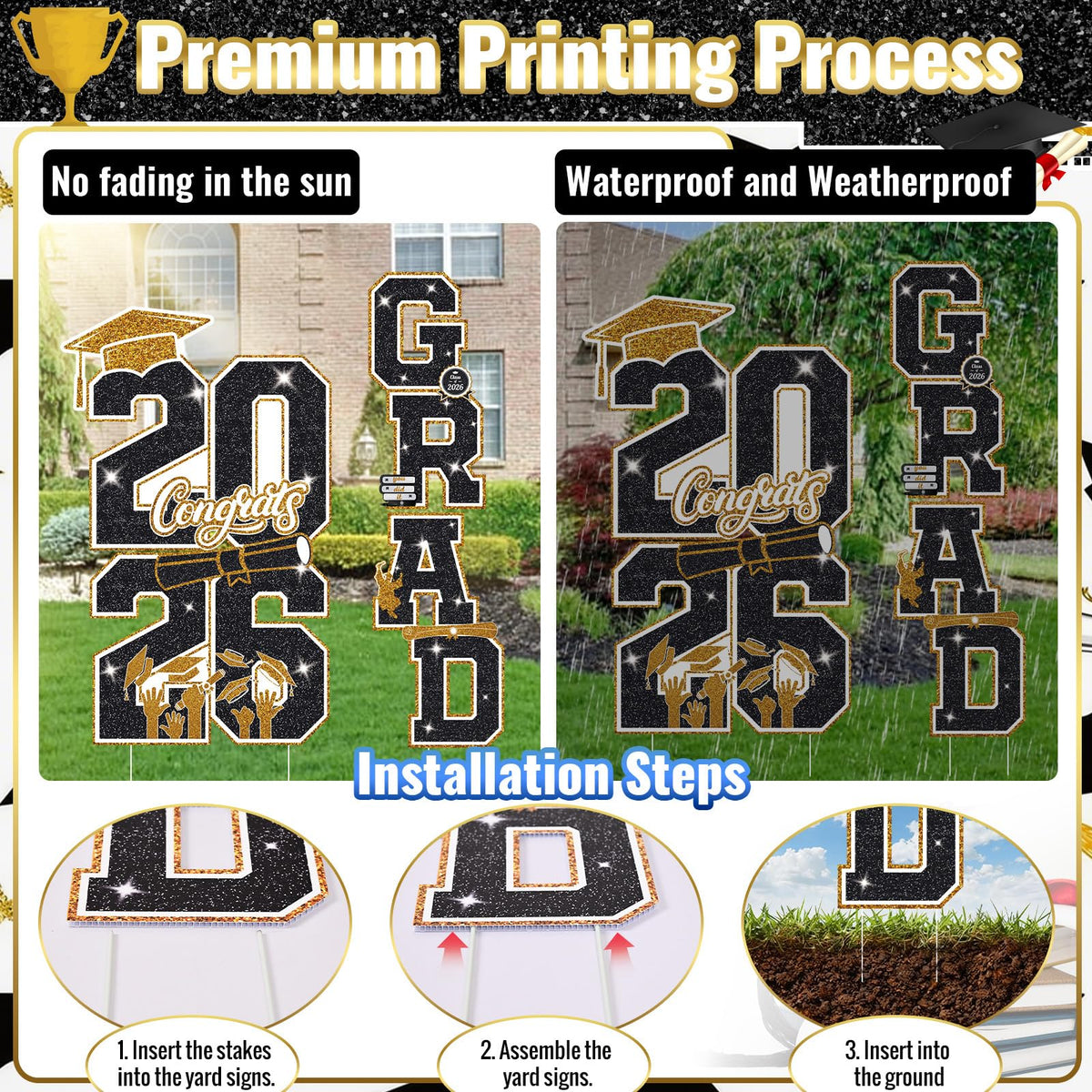 Govpy black and gold grad 2026 display on lawn adds festive curb appeal.