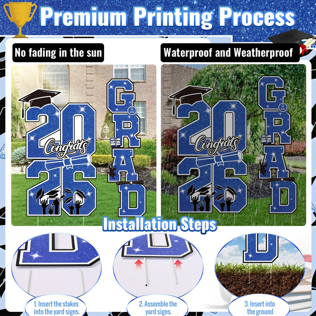 Govpy blue-black-white grad sign display perfect for outdoor graduation decor.