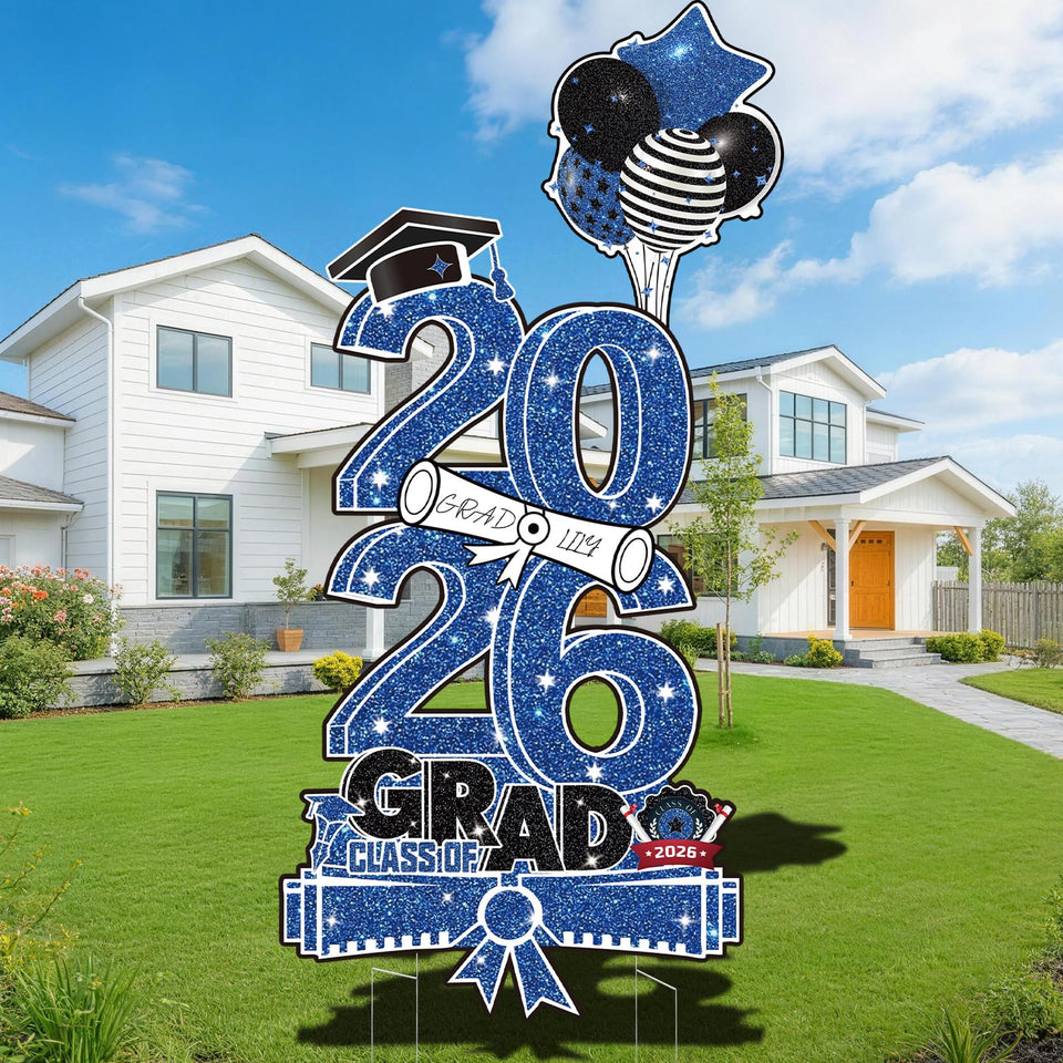 Govpy blue and white 2026 yard sign enhances outdoor graduation visibility.