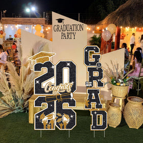 Govpy class of 2026 lawn decoration complements balloons and banners.