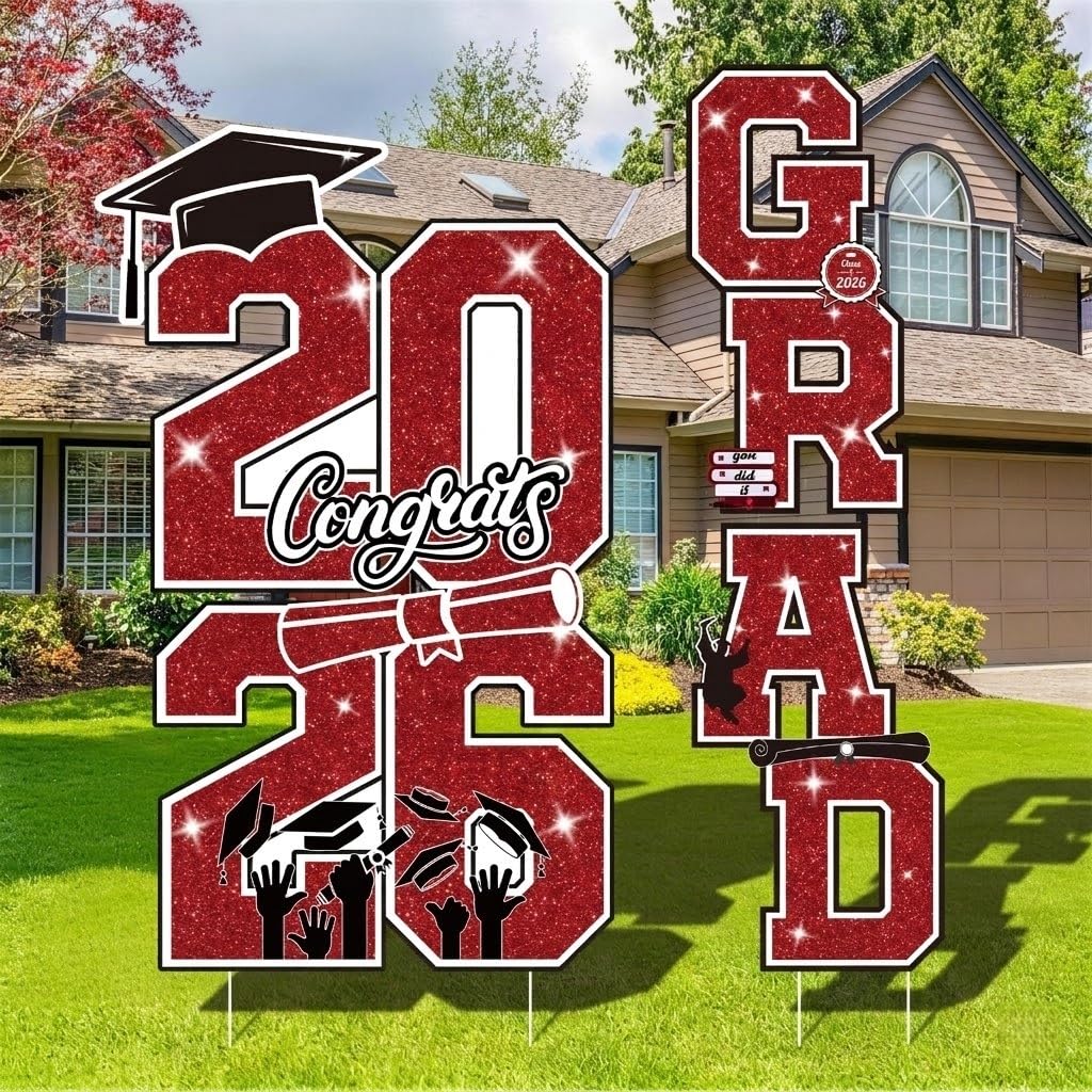 Govpy graduation yard sign 2026 set with bold red and black letters for outdoor visibility.